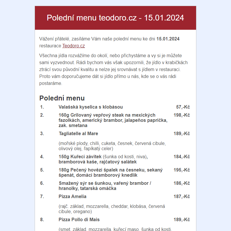 Poledni menu teodoro.cz - 15.01.2024