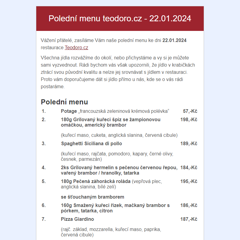 Poledni menu teodoro.cz - 22.01.2024