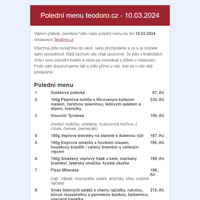 Poledni menu teodoro.cz - 10.03.2024