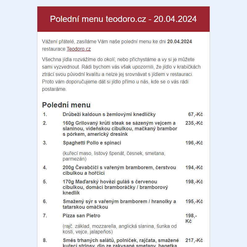 Poledni menu teodoro.cz - 20.04.2024