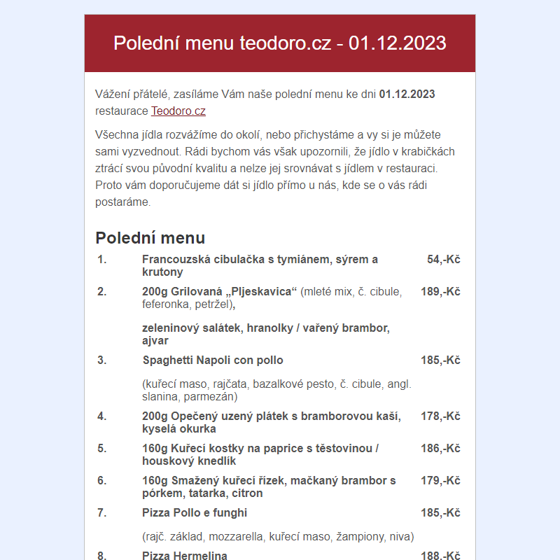 Poledni menu teodoro.cz - 01.12.2023