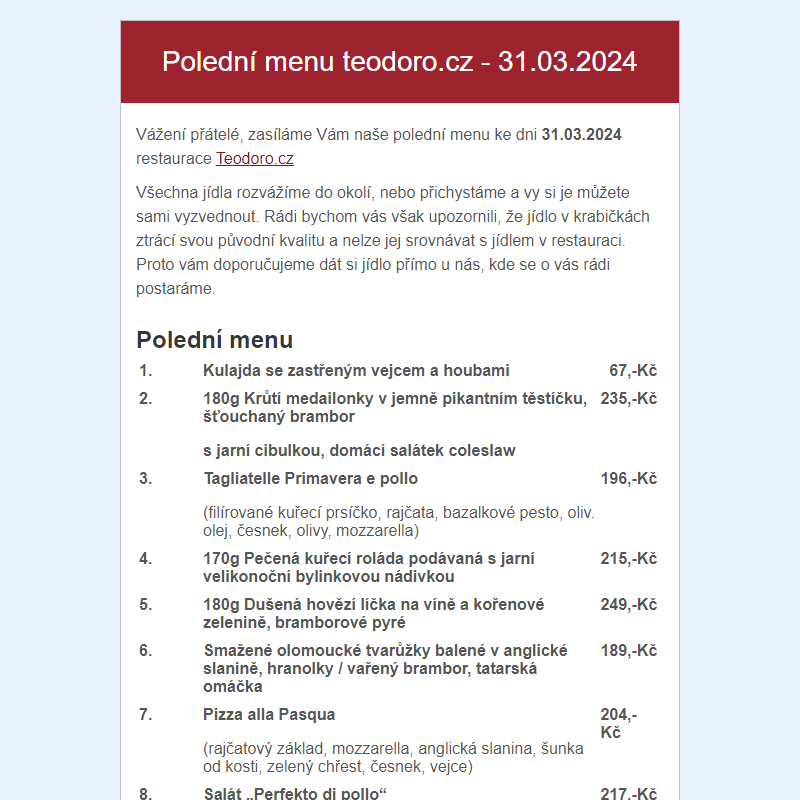Poledni menu teodoro.cz - 31.03.2024