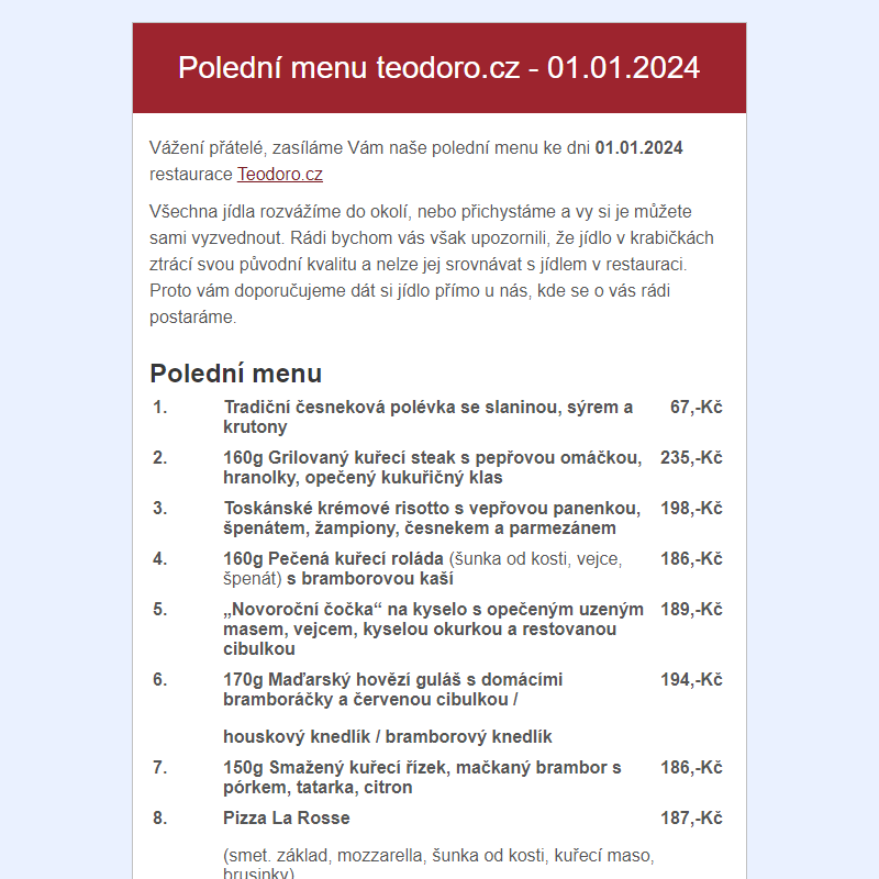 Poledni menu teodoro.cz - 01.01.2024