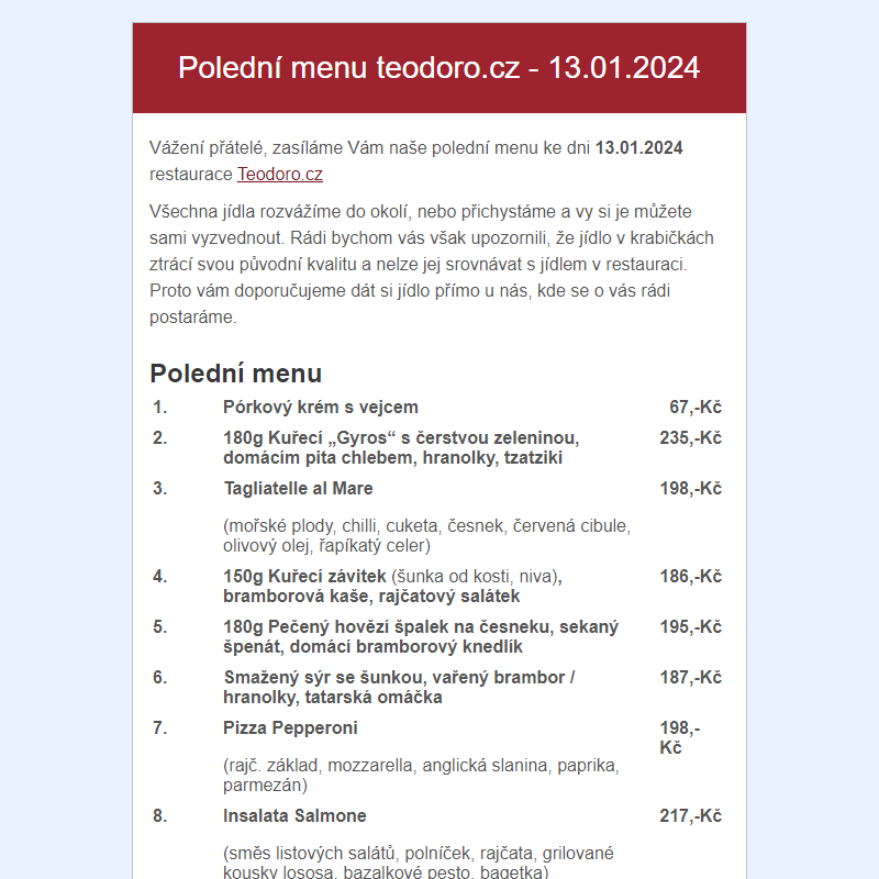 Poledni menu teodoro.cz - 13.01.2024