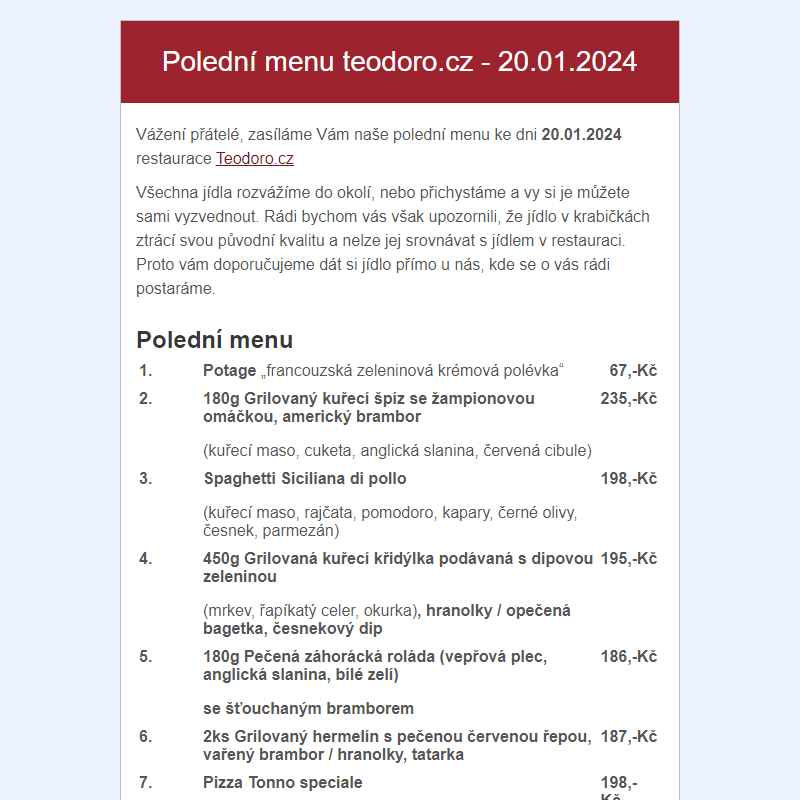 Poledni menu teodoro.cz - 20.01.2024