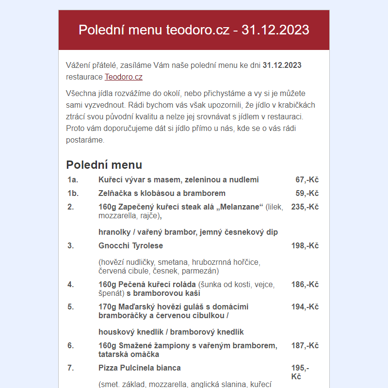 Poledni menu teodoro.cz - 31.12.2023