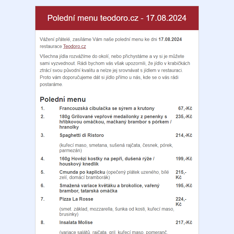 Poledni menu teodoro.cz - 17.08.2024