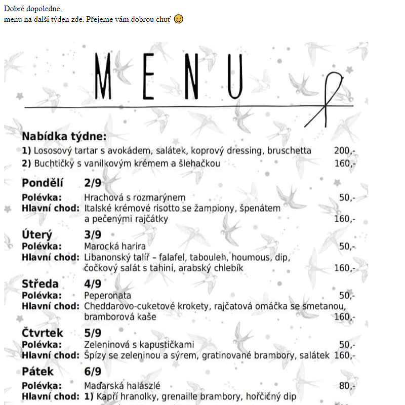 Menu Vlaštovka