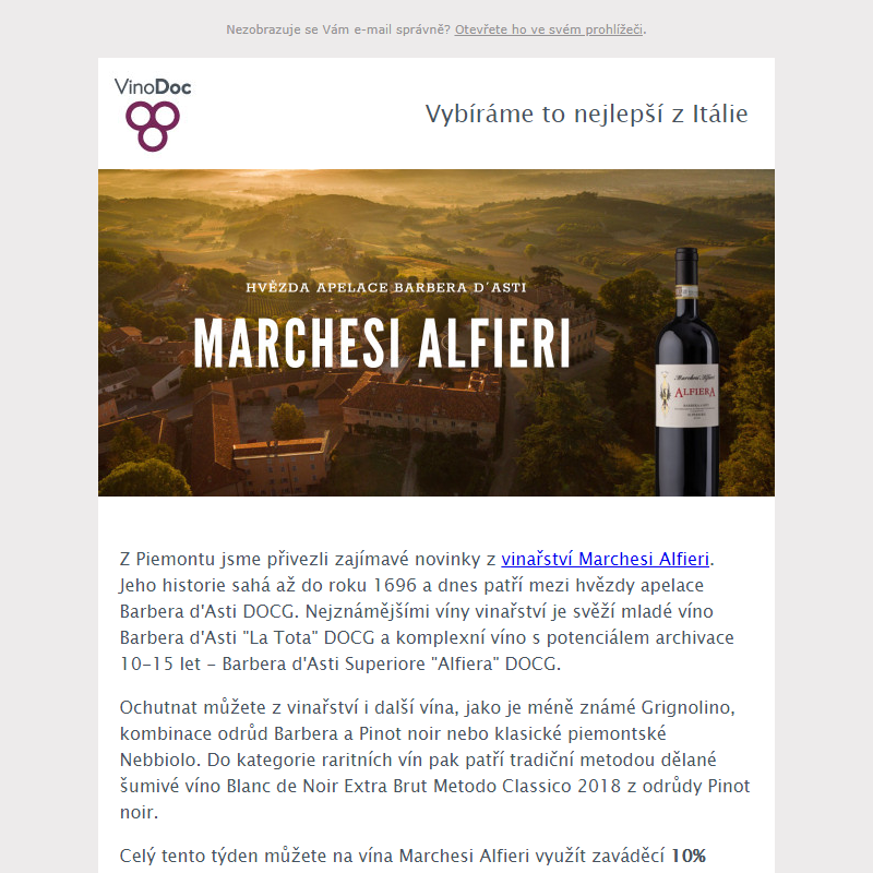 Novinky z Piemontu: Červená vína Marchesi Alfieri. Tento týden se zaváděcí  slevou!