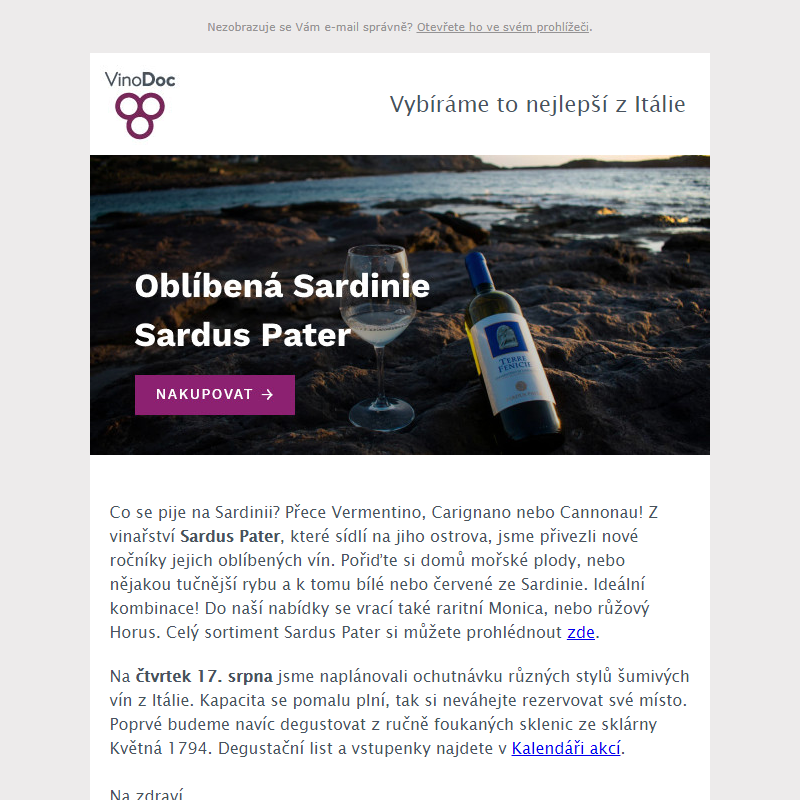 _ Nové ročníky oblíbených vín ze Sardinie! Degustace bublinek 17. srpna.