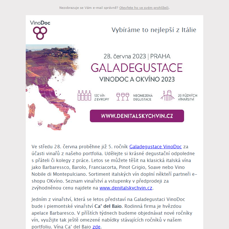 _ Galadegustace VinoDoc 2023: Vstupenky již v předprodeji! Udělejte si radost víny Ca’ del Baio