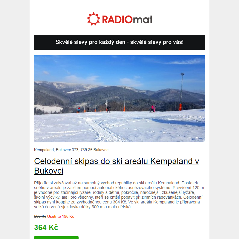 Celodenní skipas do ski areálu Kempaland v Bukovci za 364 Kč