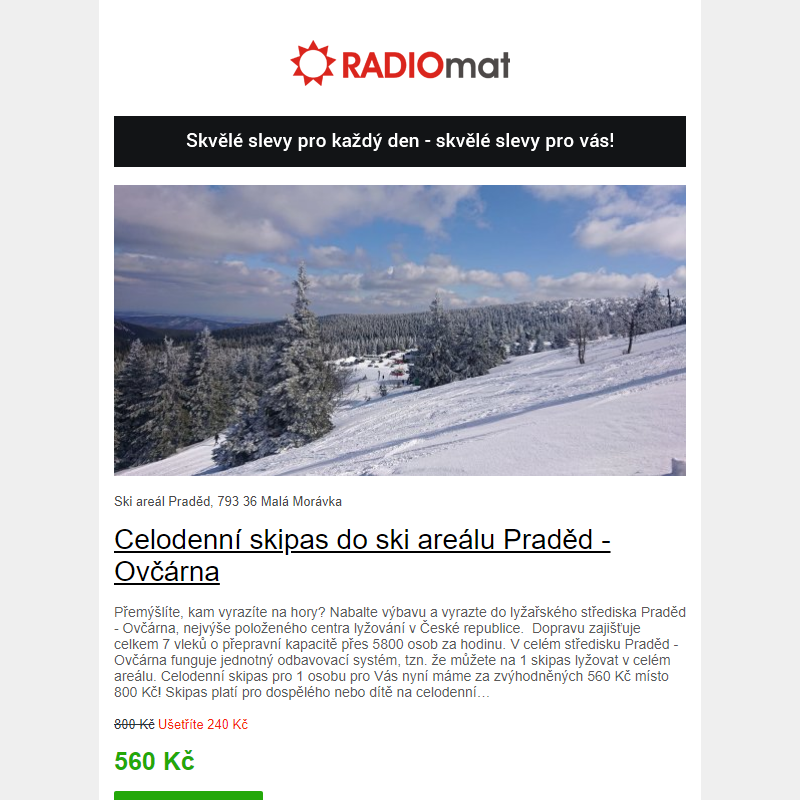 Celodenní skipas do ski areálu Praděd - Ovčárna za bezva cenu 560 Kč