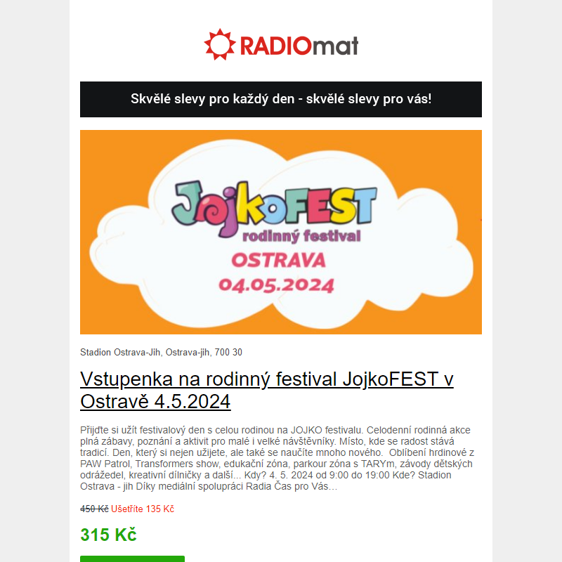 Vstupenka s 30% slevou na rodinný festival JojkoFEST v Ostravě 4.5.2024 - PAW Patrol, Transformers show, parkour zóna s TARYm