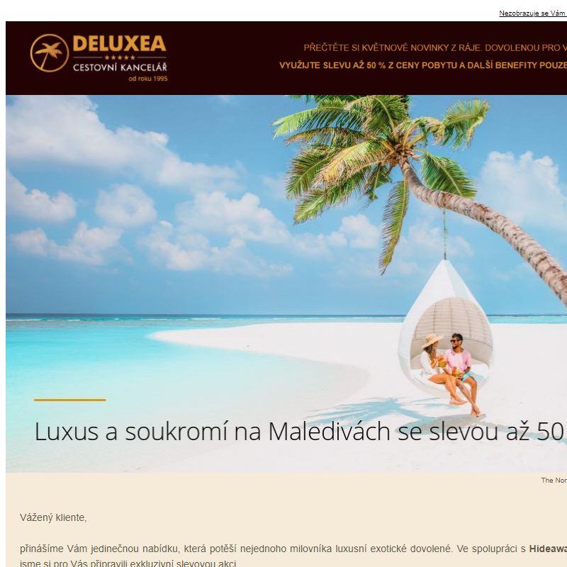 Hideaway Beach Resort & Spa - luxus a soukromí na Maledivách s extra slevou
