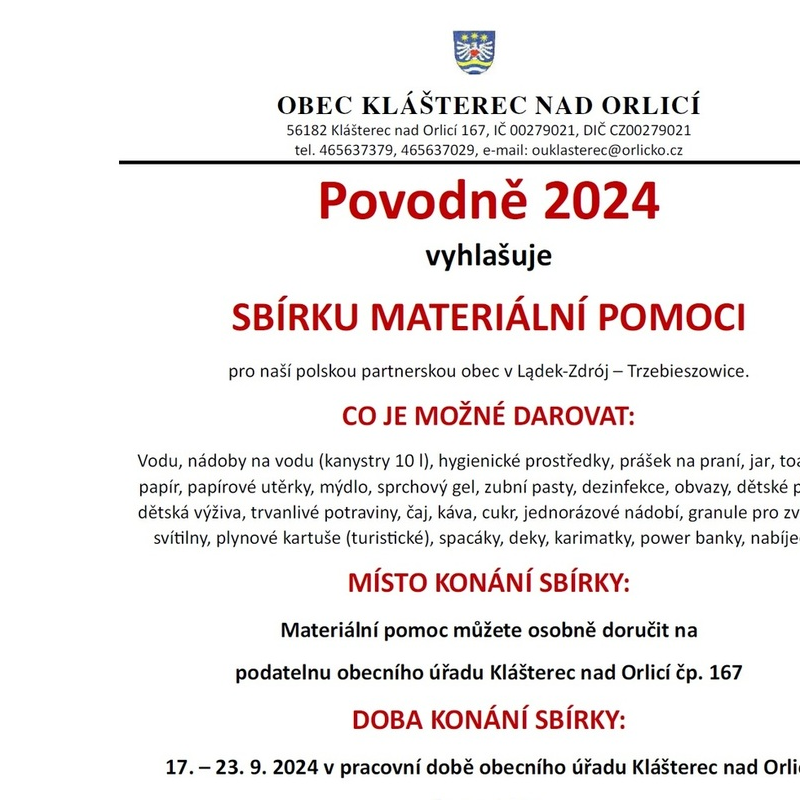 Sbírka materiální pomoci, povodně 2024 Lądek-Zdrój – Trzebieszowice