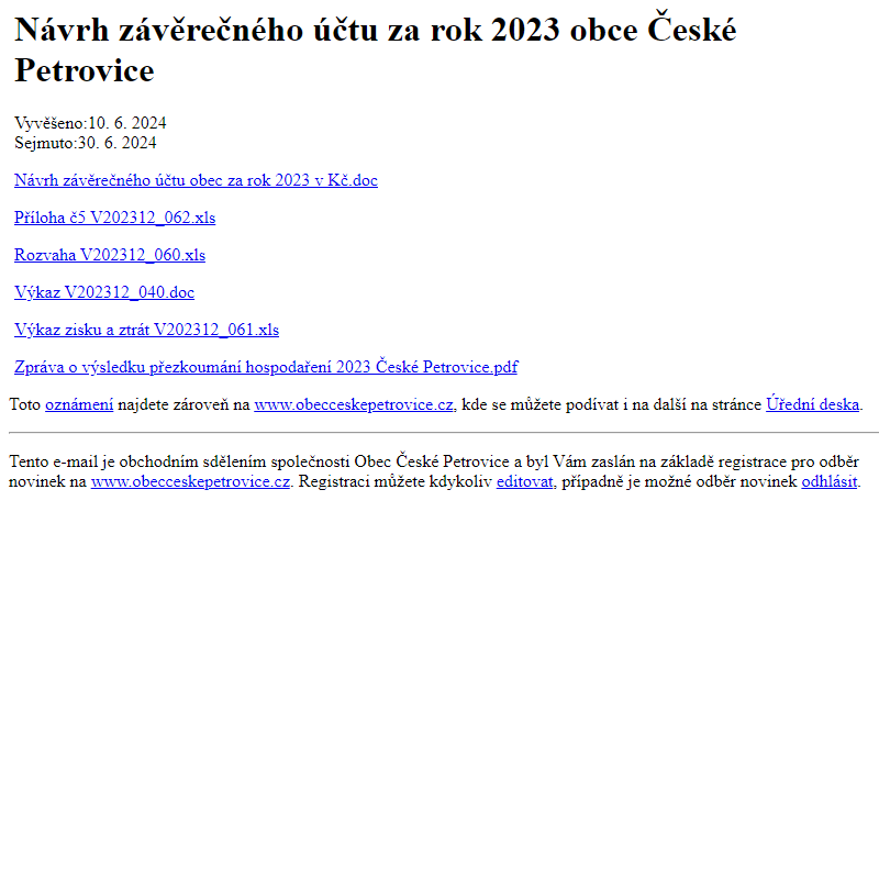 Na úřední desku www.obecceskepetrovice.cz bylo přidáno oznámení Návrh závěrečného účtu za rok 2023 obce České Petrovice