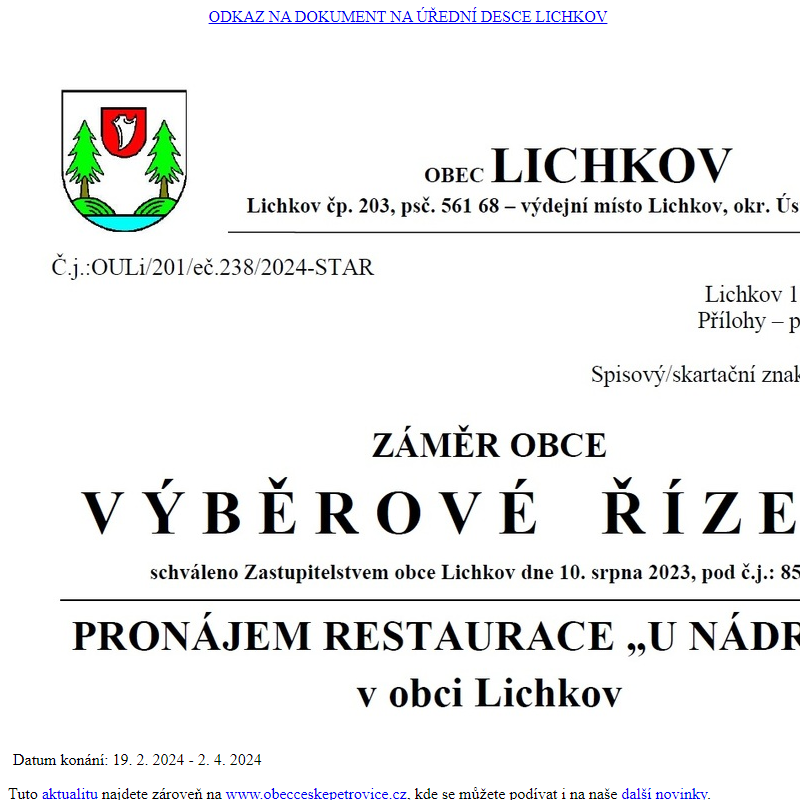 Výběrové řízení - pronájem restastaurace „U NÁDRAŽÍ“ v obci Lichkov
