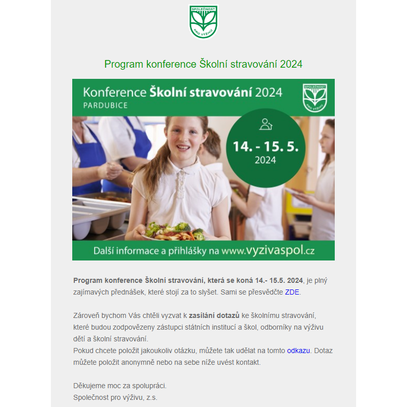 Program konference Školní stravování 14.-15.5. a výzva k zasílání dotazů