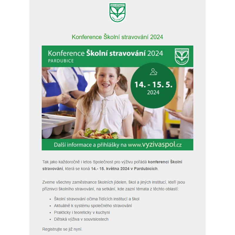 Konference Školní stravování 14.- 15. 5. 2024 – registrace spuštěna
