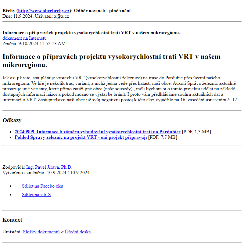 Odběr novinek ze dne 11.9.2024 - dokument Informace o přípravách projektu vysokorychlostní trati VRT v našem mikroregionu.