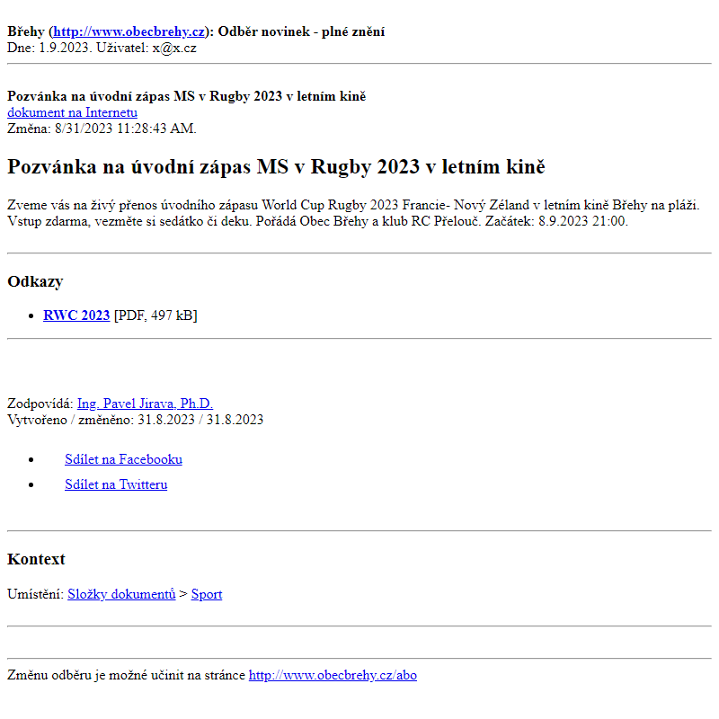 Odběr novinek ze dne 1.9.2023 - dokument Pozvánka na úvodní zápas MS v Rugby 2023 v letním kině