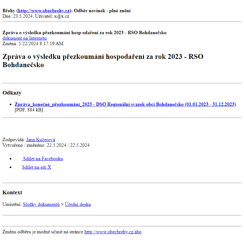 Odběr novinek ze dne 23.5.2024 - dokument Zpráva o výsledku přezkoumání hospodaření za rok 2023 - RSO Bohdanečsko