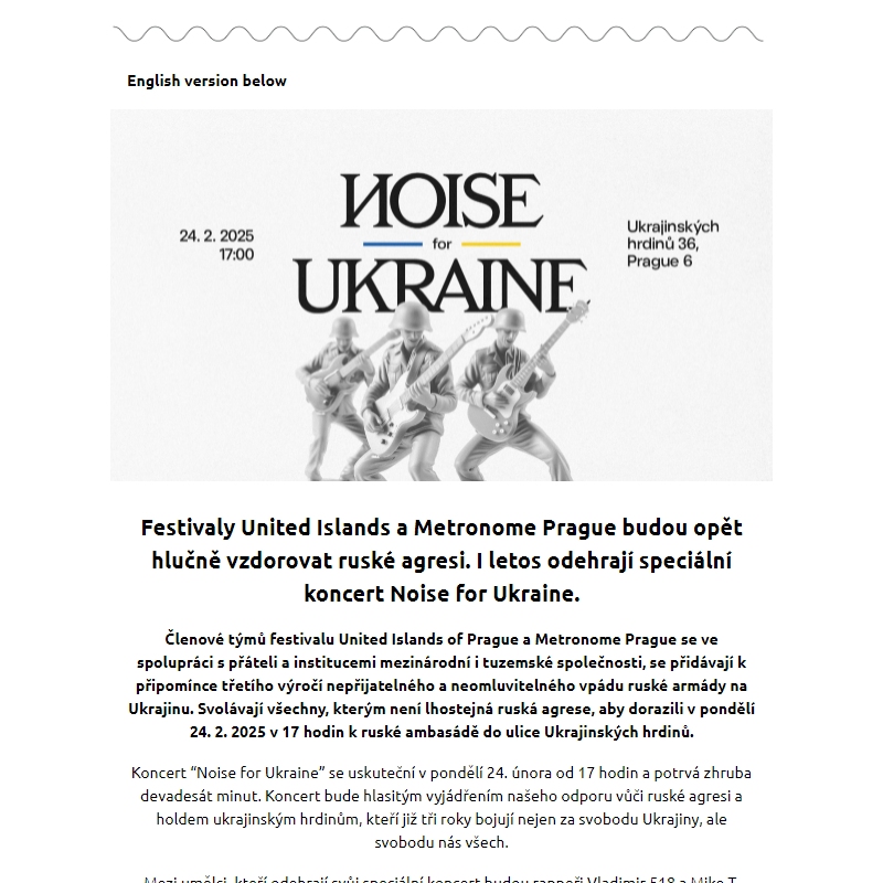 Festivaly United Islands a Metronome Prague budou opět hlučně vzdorovat ruské agresi, odehrají speciální koncert Noise for Ukraine