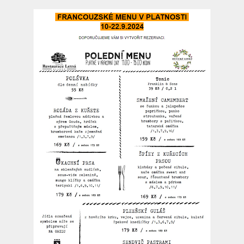 Polední menu + fotografie a francouzské menu