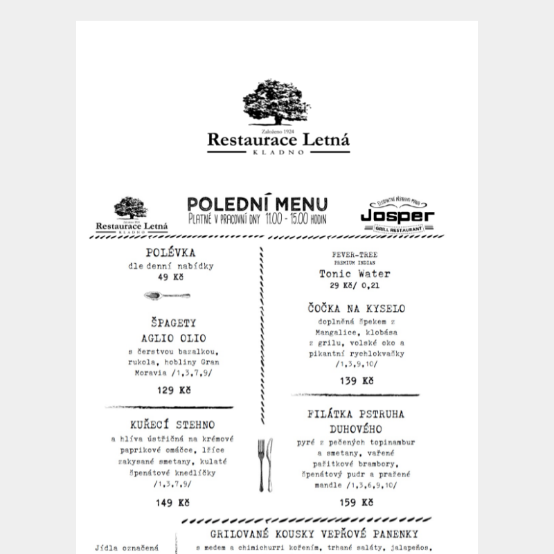 Polední menu + fotografie pokrmů z polední nabídky + Speciální menu