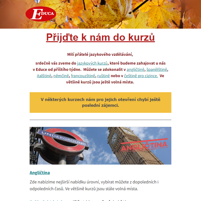 Chybička se vloudila - toto je správný newsletter. VYUŽIJTE POSLEDNÍ TÝDEN K ZAPSÁNÍ SE DO KURZU.