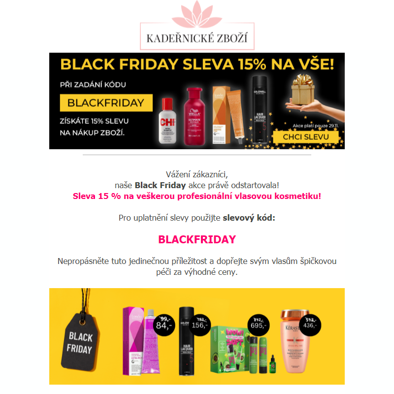 BLACK FRIDAY Sleva 15 % na veškerou profesionální vlasovou kosmetiku!