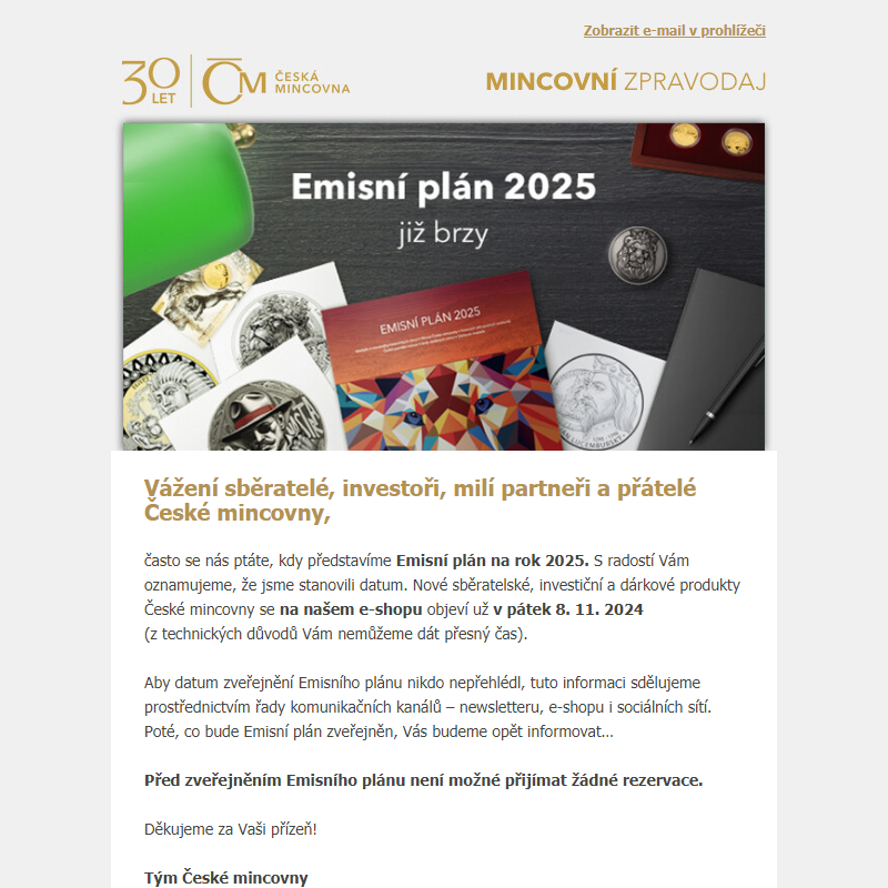 Datum zveřejnění Emisního plánu 2025