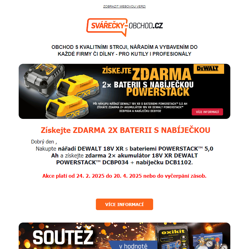 Získejte ZDARMA  2× akumulátor 18V XR DEWALT POWERSTACK™ DCBP034 + nabíječku DCB1102 -  Svarecky-obchod.cz _