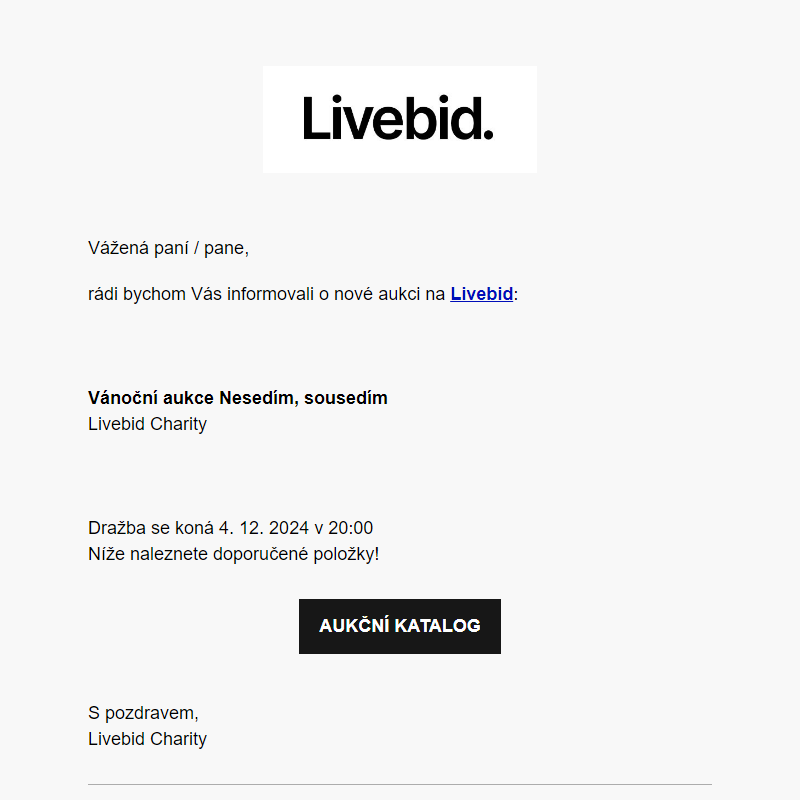 Nová aukce online | Livebid Charity