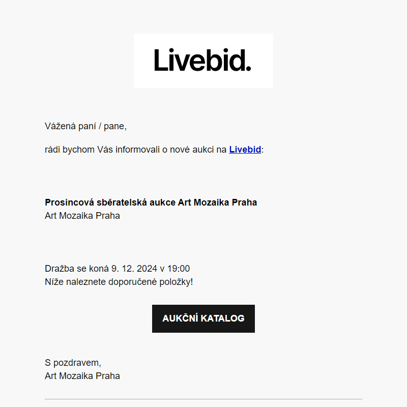 Nová aukce online | Art Mozaika Praha