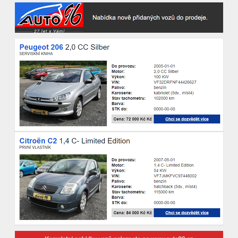 Nabídka nově přidaných vozů Auto96 s.r.o. (18.06.2023)