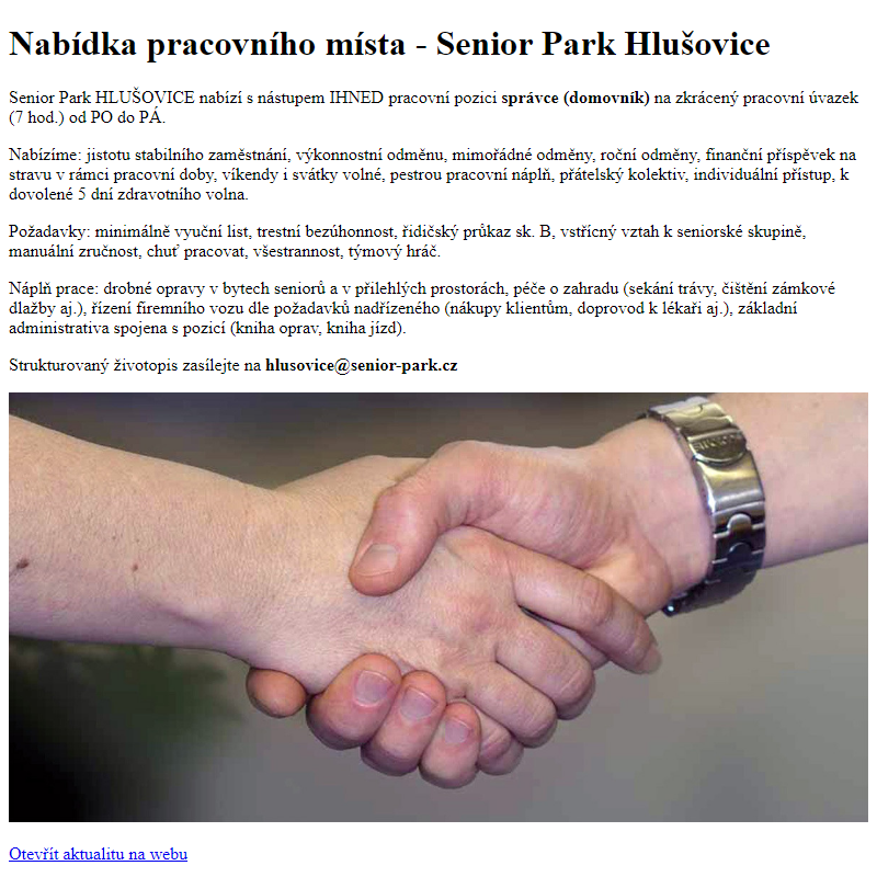 www.hlusovice.eu - Nabídka pracovního místa - Senior Park Hlušovice