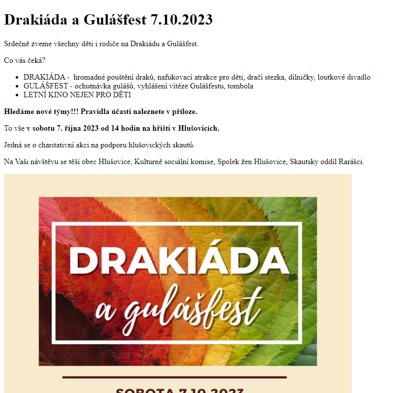 www.hlusovice.eu - Drakiáda a Gulášfest 7.10.2023