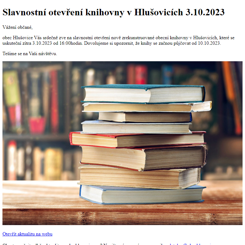 www.hlusovice.eu - Slavnostní otevření knihovny v Hlušovicích 3.10.2023