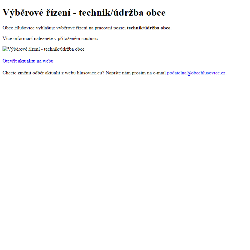 www.hlusovice.eu - Výběrové řízení - technik/údržba obce