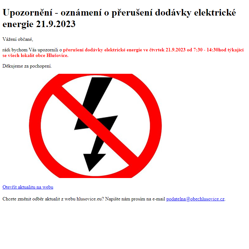 www.hlusovice.eu - Upozornění - oznámení o přerušení dodávky elektrické energie 21.9.2023