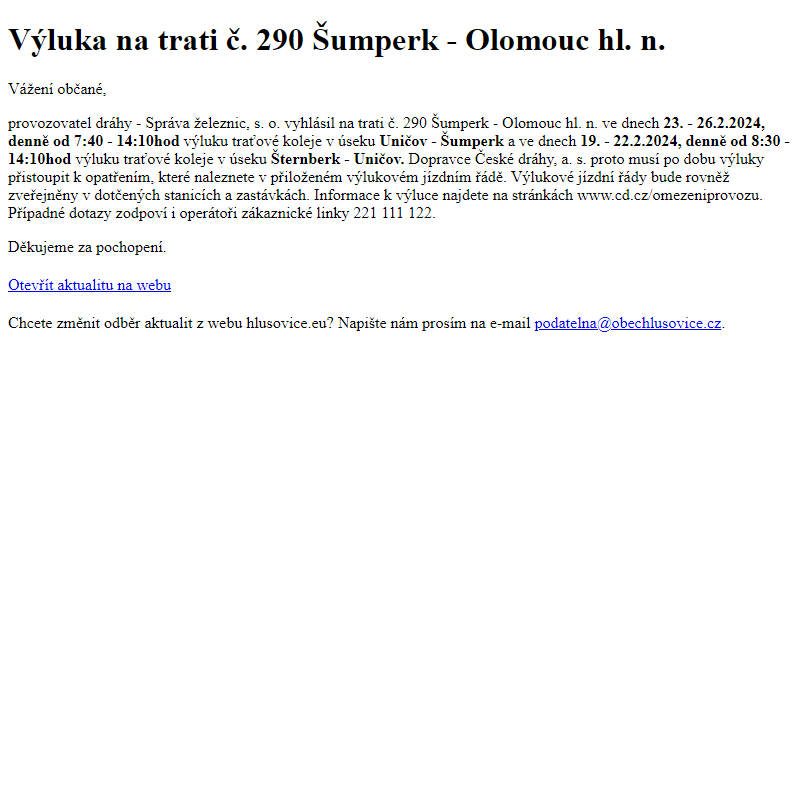 www.hlusovice.eu - Výluka na trati č. 290 Šumperk - Olomouc hl. n.