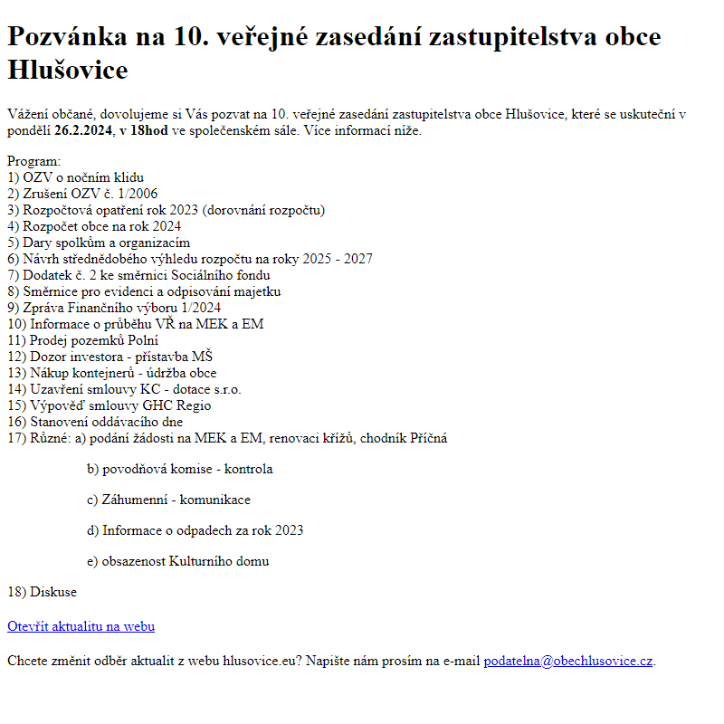 www.hlusovice.eu - Pozvánka na 10. veřejné zasedání zastupitelstva obce Hlušovice