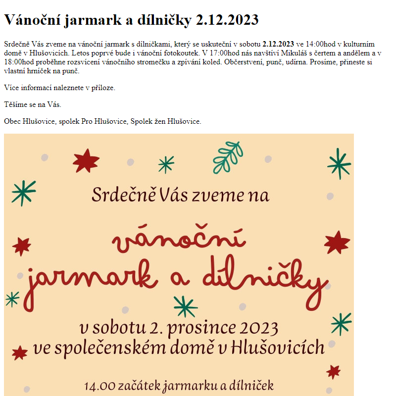 www.hlusovice.eu - Vánoční jarmark a dílničky 2.12.2023
