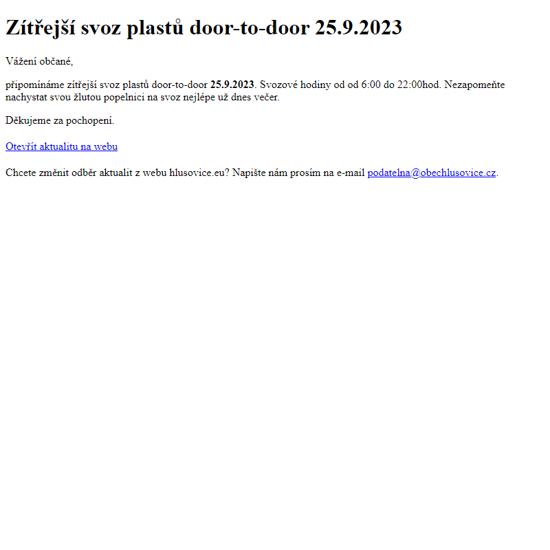 www.hlusovice.eu - Zítřejší svoz plastů door-to-door 25.9.2023