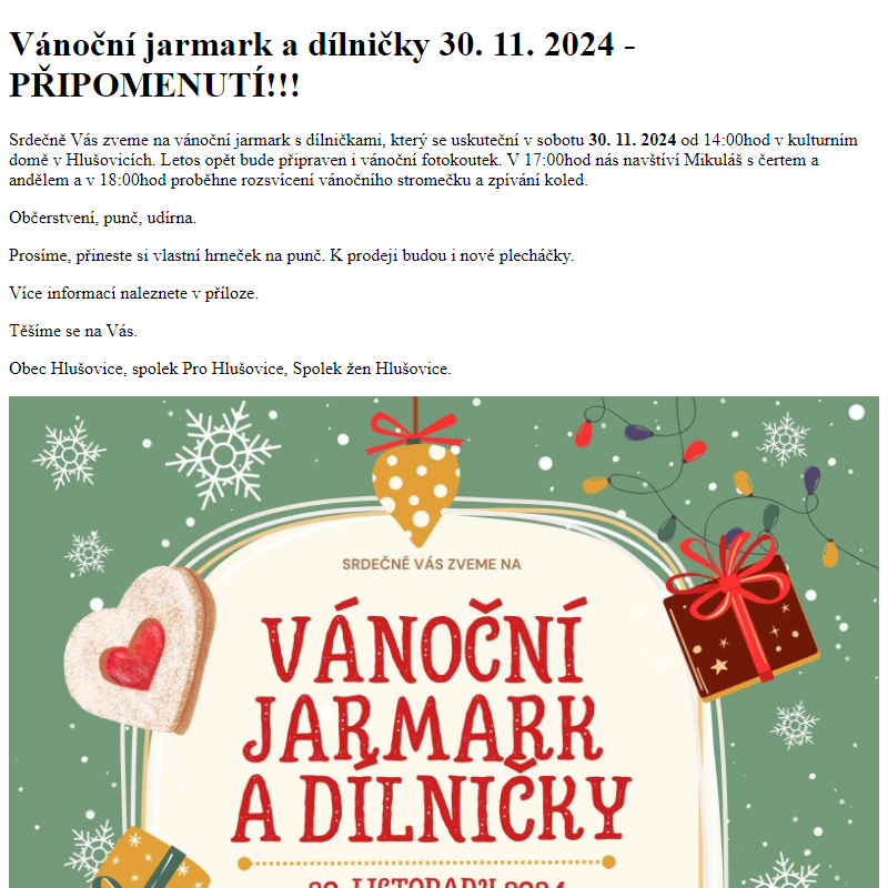 www.hlusovice.eu - Vánoční jarmark a dílničky 30. 11. 2024 - PŘIPOMENUTÍ!!!