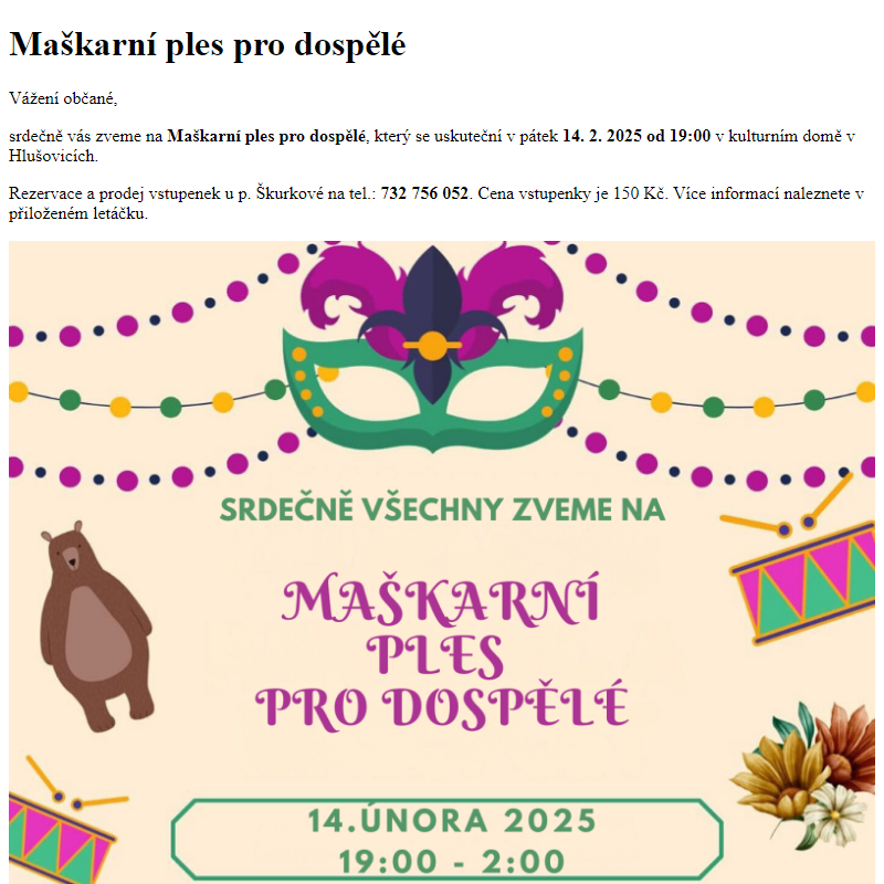 www.hlusovice.eu - Maškarní ples pro dospělé