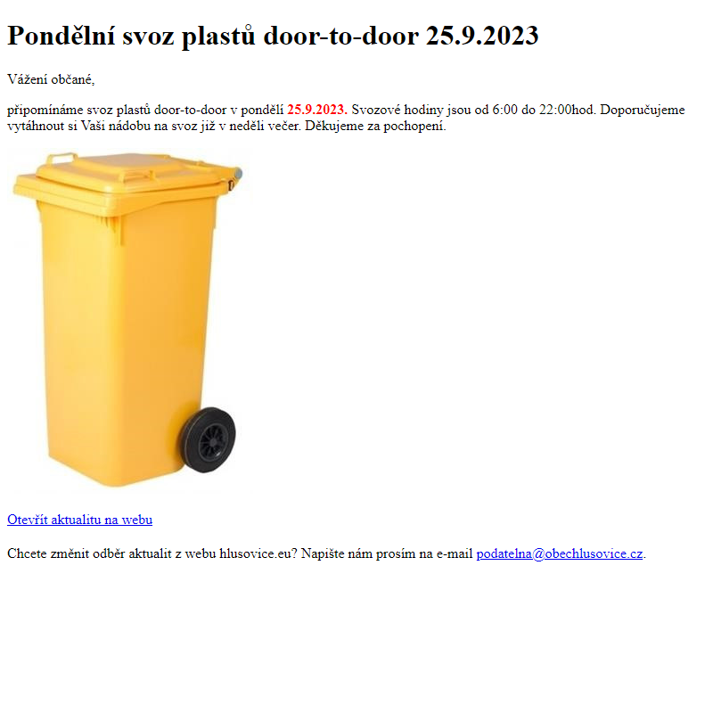 www.hlusovice.eu - Pondělní svoz plastů door-to-door 25.9.2023