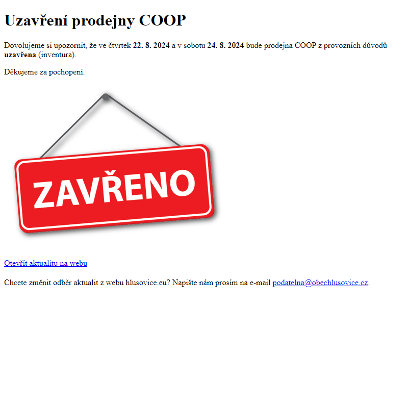 www.hlusovice.eu - Uzavření prodejny COOP